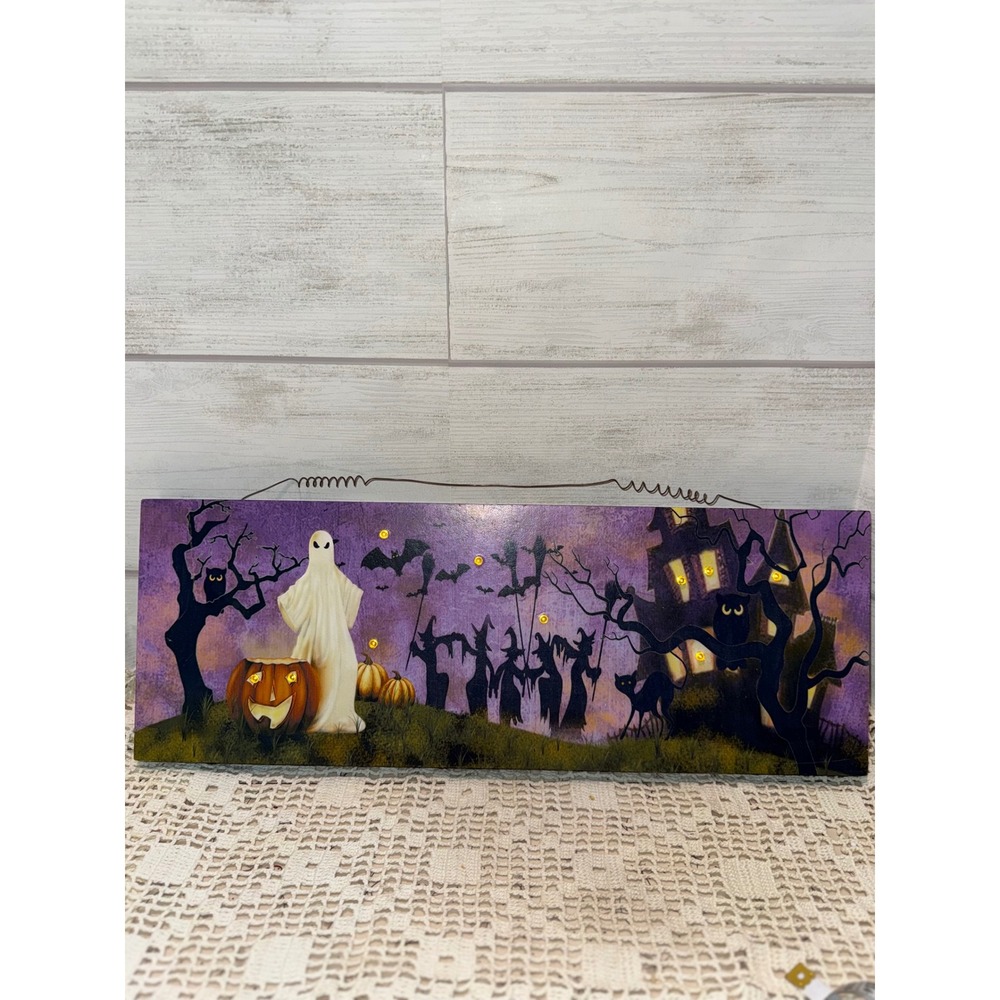Halloween Lighted Wall Decor Haunted House Ghost Witches Purple Wood Sign 16in
